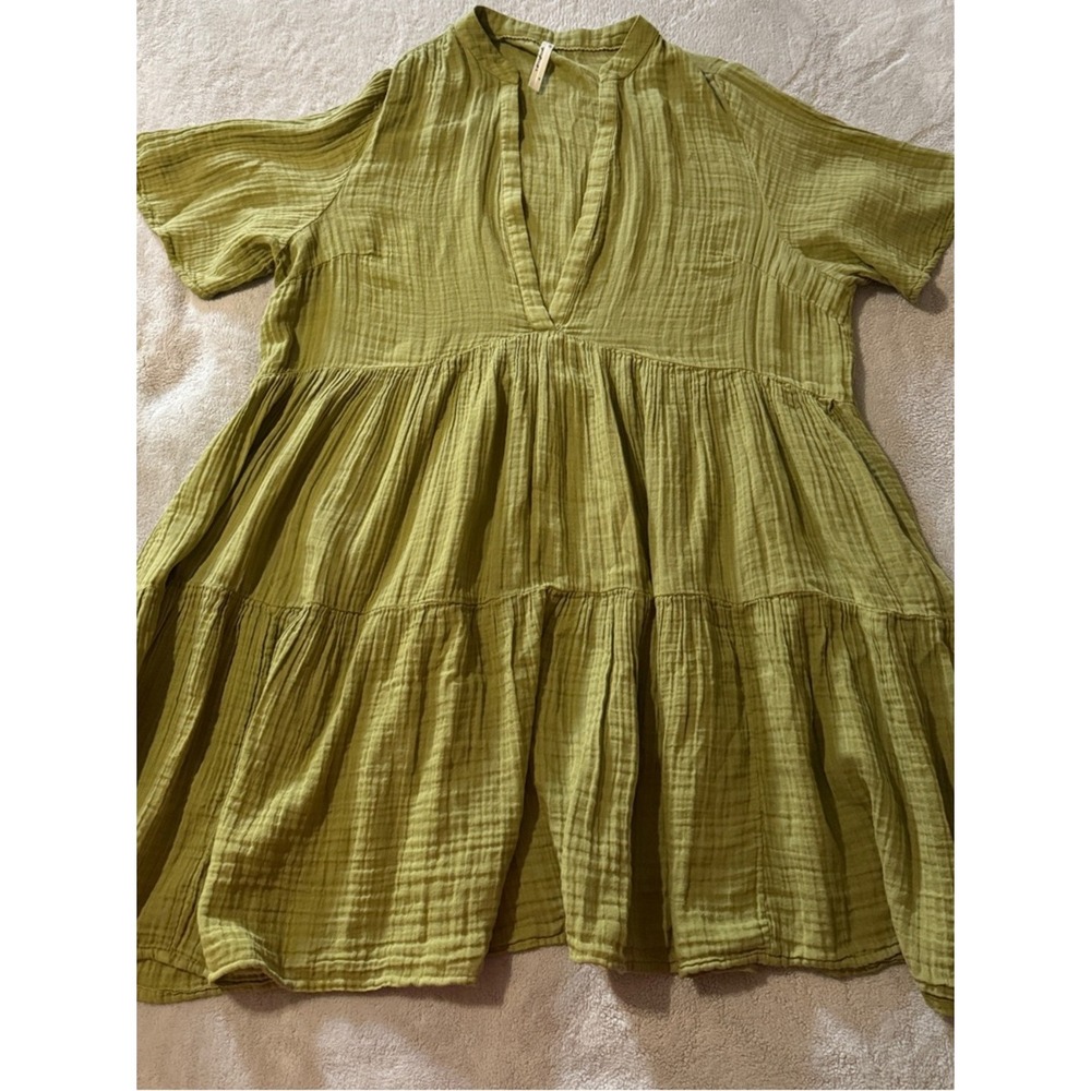 Anthropologie 2X Olive Green Cotton Gauze Tiered Midi Dress V Neck - Picture 6 of 9